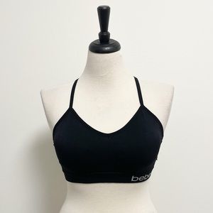 Bebe Black Metallic Silver Logo V Neck Racerback Lace Bralette Removable Pads 1X
